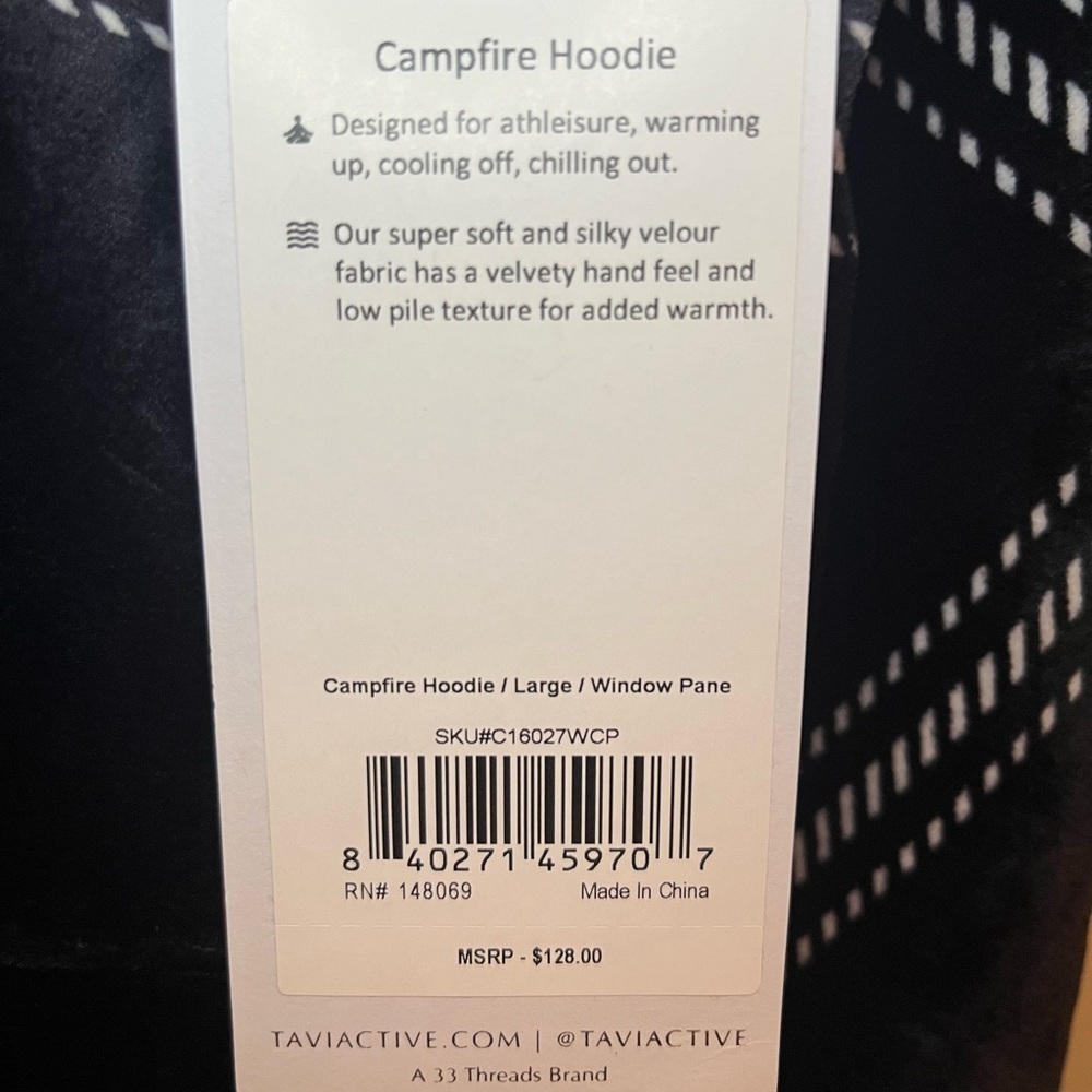 Tavi Campfire Hoodie Size Large Black White Window Pane Stripes Cropped Velour - Picture 14 of 14